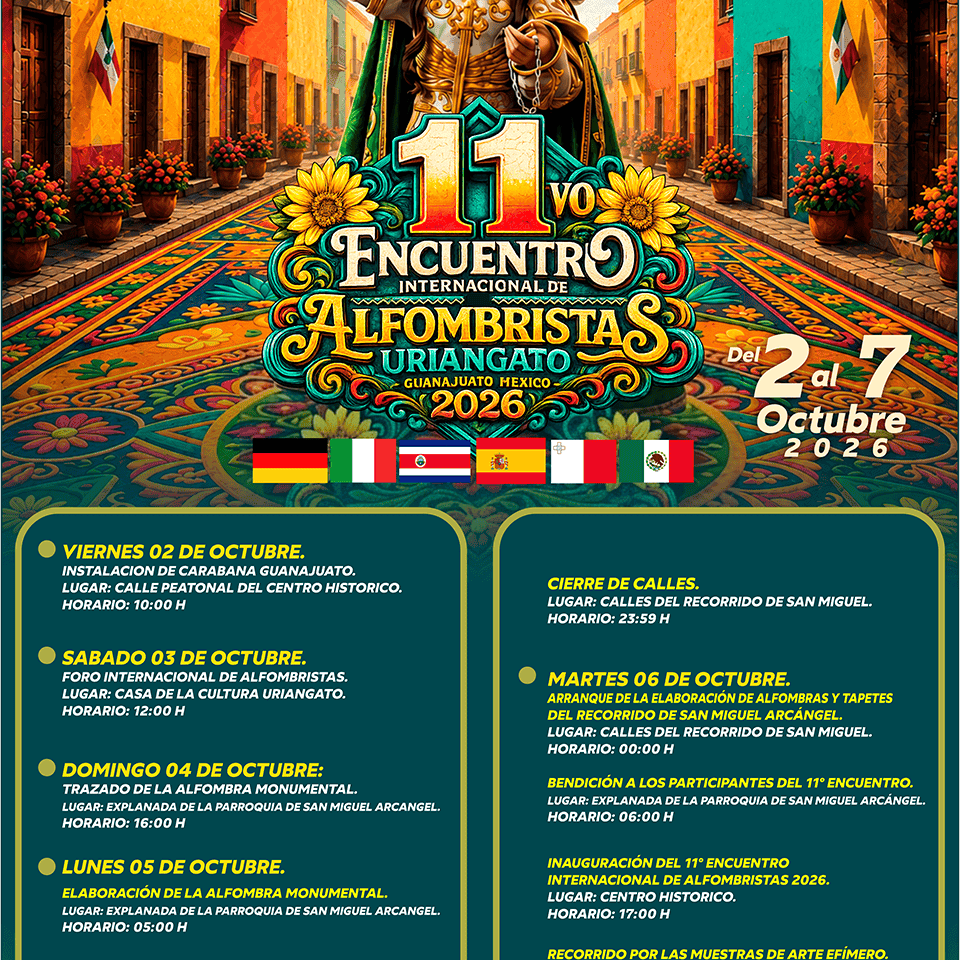 Cartel del 11vo Encuentro Internacional de Alfombristas en Uriangato, Guanajuato, con detalles del 2.