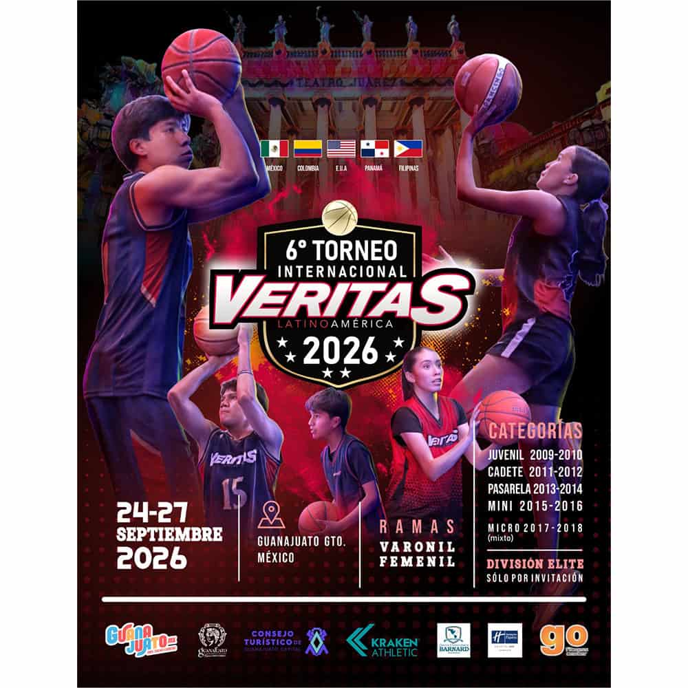 Jugadores de baloncesto en acción en torneo internacional en Guanajuato, México.