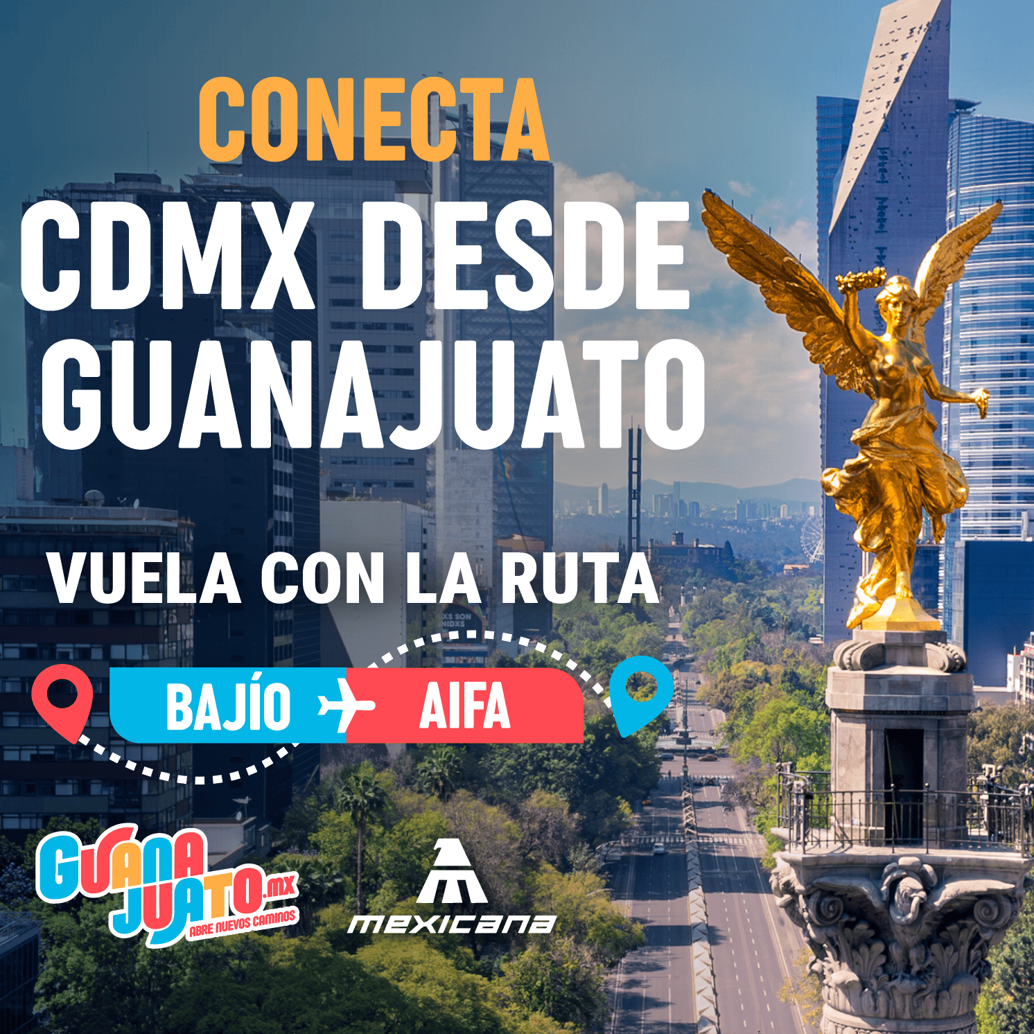 Vista de la ciudad de Ciudad de México desde Guanajuato con monumento y edificios modernos.