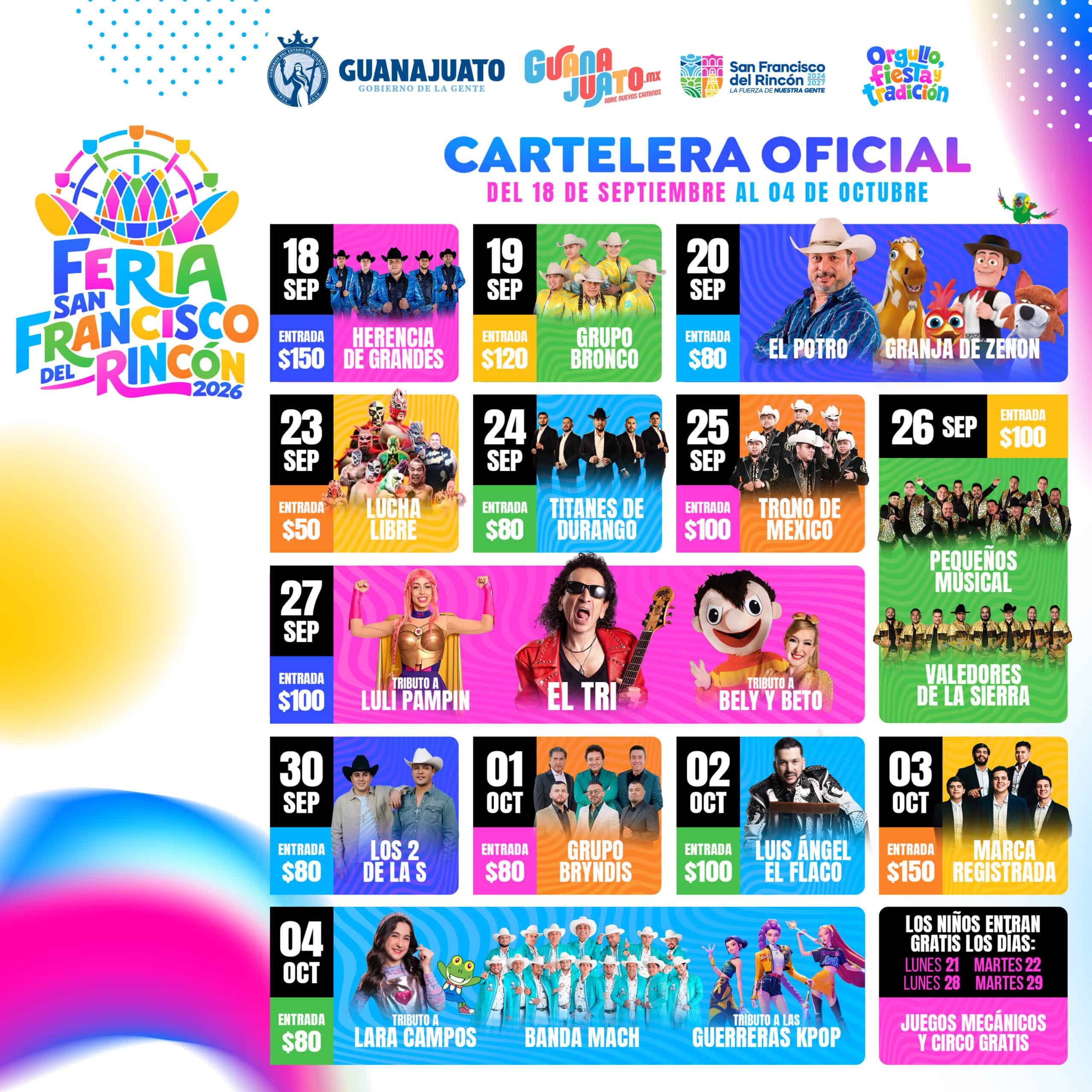 Cartelera oficial de la Feria Regional de San Francisco del Rincón 2026 con fechas y artistas.