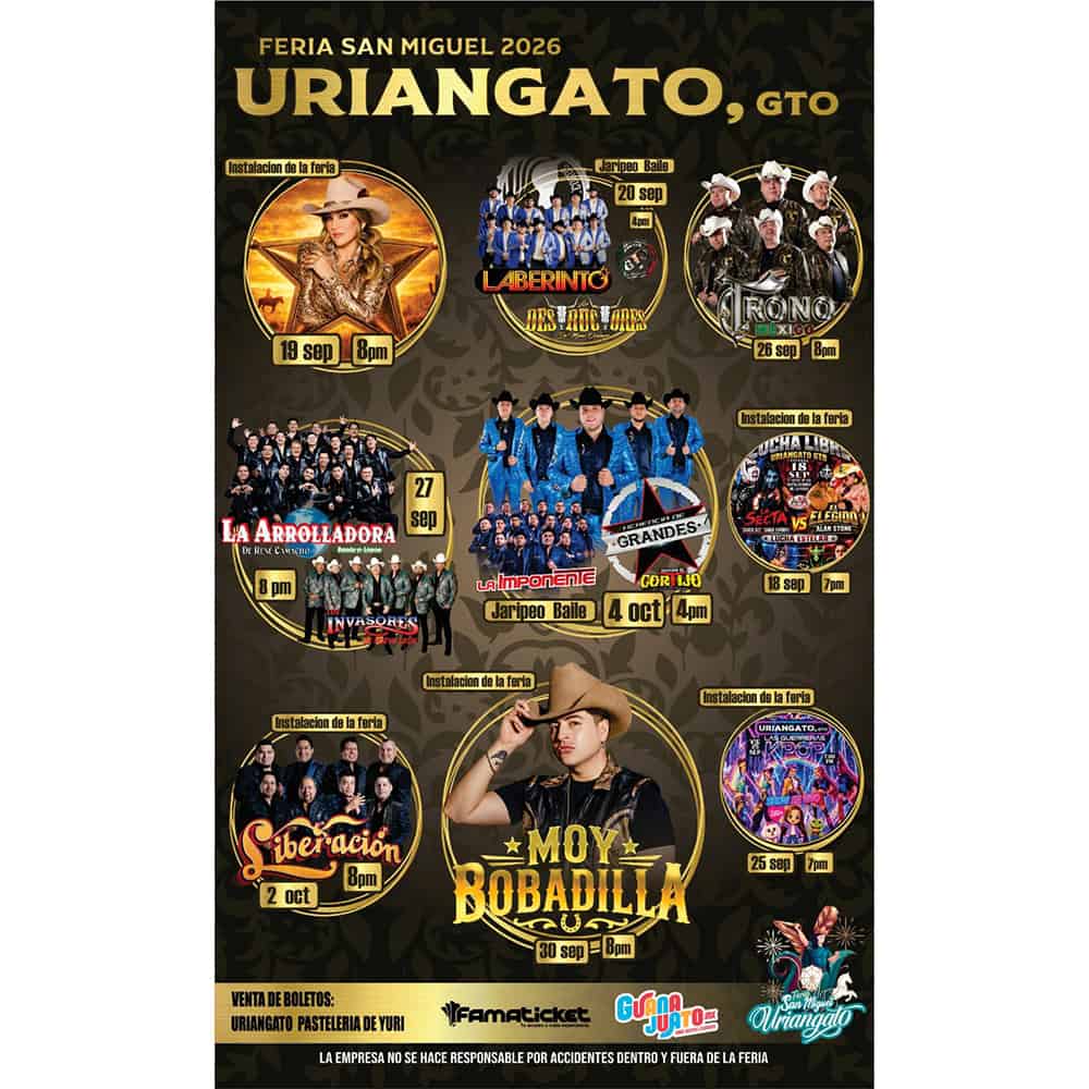 Cartel de eventos de la Feria San Miguel 2026 en Uriangato, Guanajuato.