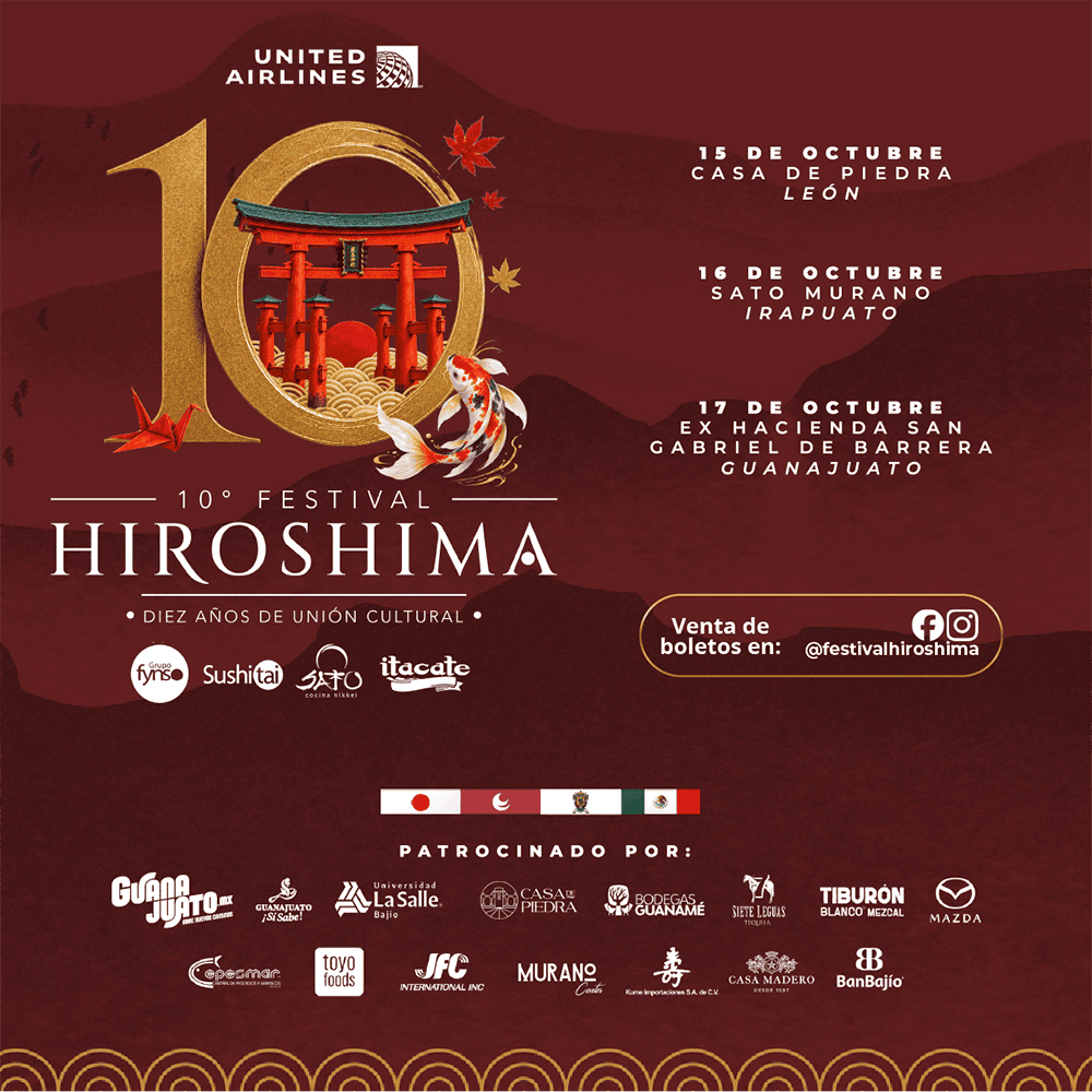 Cartel del 10º Festival Hiroshima en Guanajuato con fechas y patrocinadores.