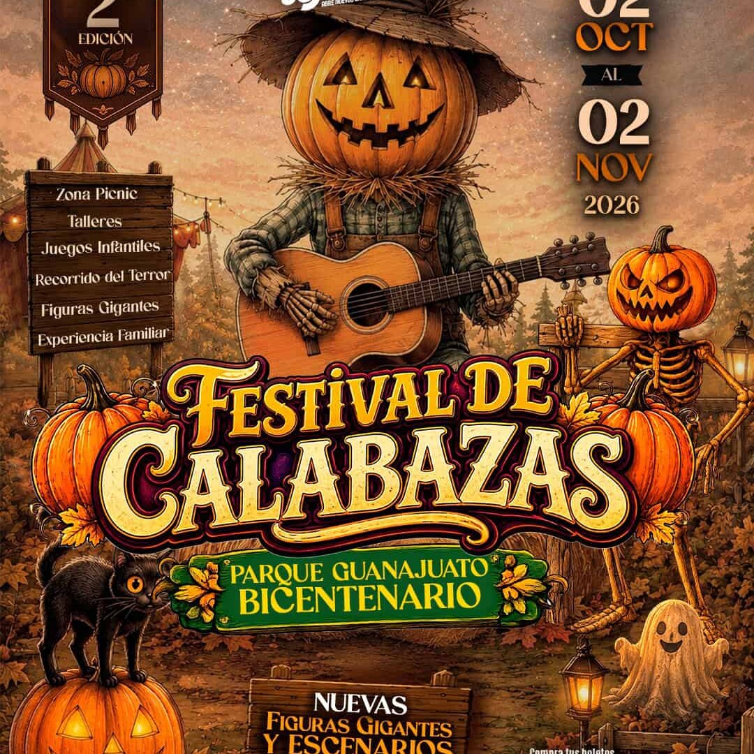 Festival de Calabazas en Parque Guanajuato Bicentenario con calabazas y decoración de Halloween.
