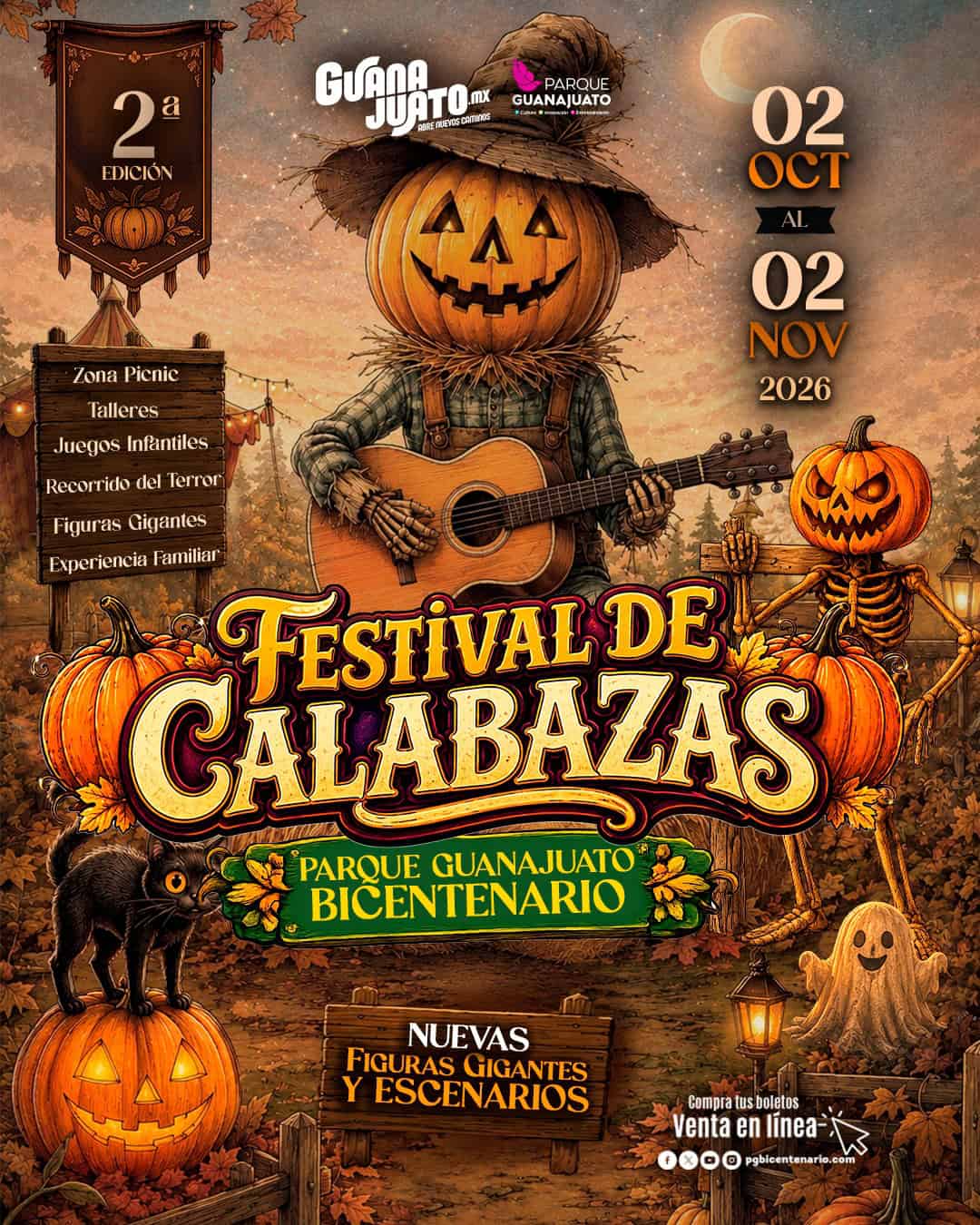 Festival de Calabazas en Parque Guanajuato Bicentenario con calabazas y decoración de Halloween.