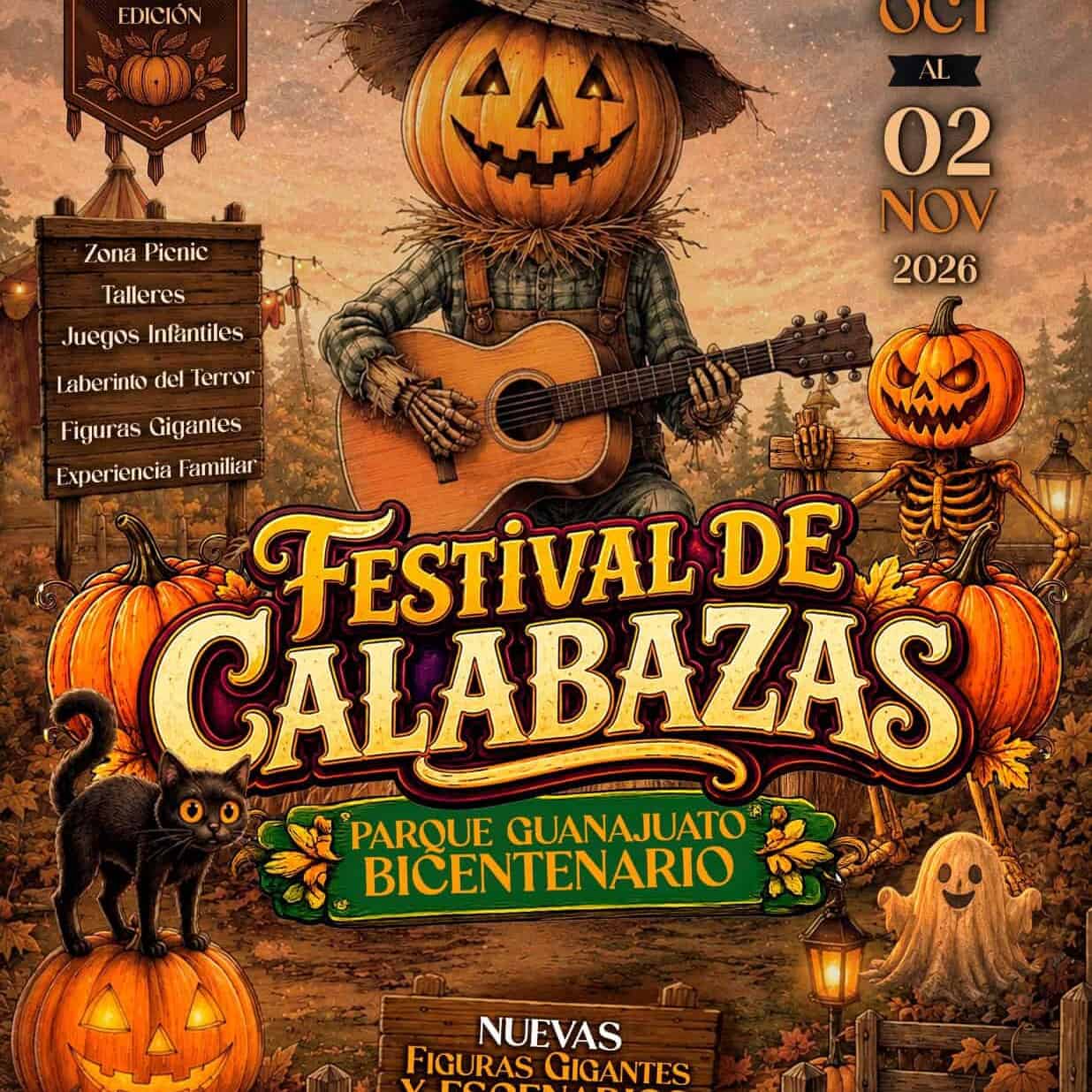 Cartel del Festival de Calabazas en Parque Guanajuato Bicentenario con calabazas y personajes de cal.
