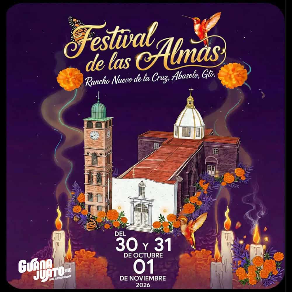 Cartel del Festival de las Almas en Guanajuato con iglesia y mariposas.