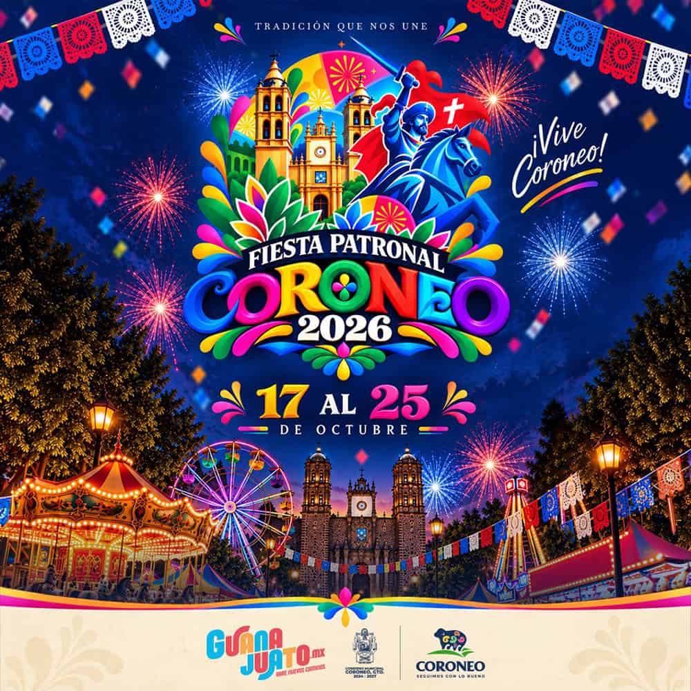 Fiesta Patronal Coroneo 2026 con fuegos artificiales y atracciones en Guanajuato.
