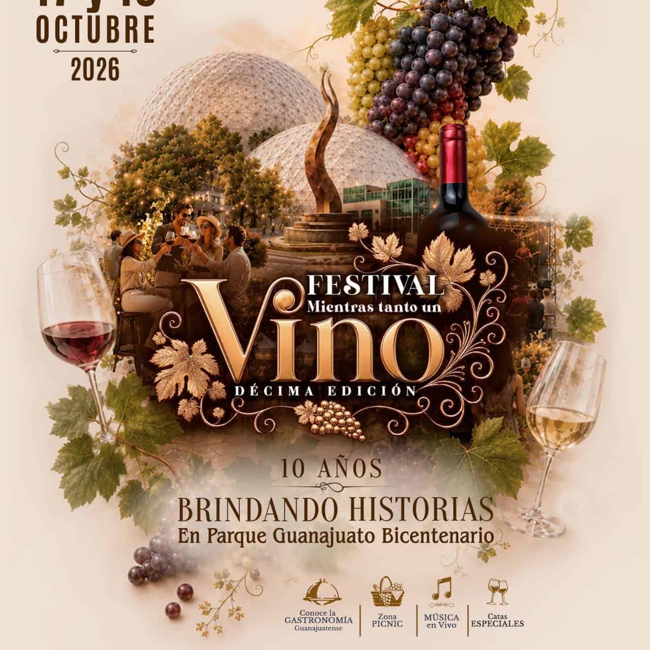 Festival de vino en Guanajuato con vino, uvas y ambiente festivo.