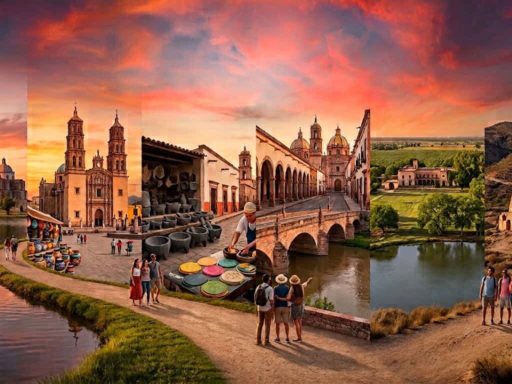 Paisaje de Guanajuato con arquitectura colonial y río al atardecer.