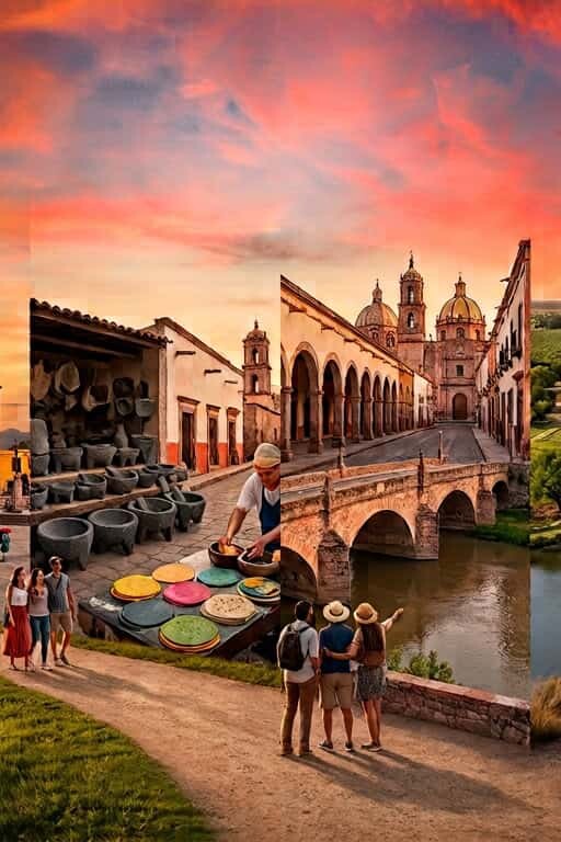 Paisaje de Guanajuato con arquitectura colonial y río al atardecer.