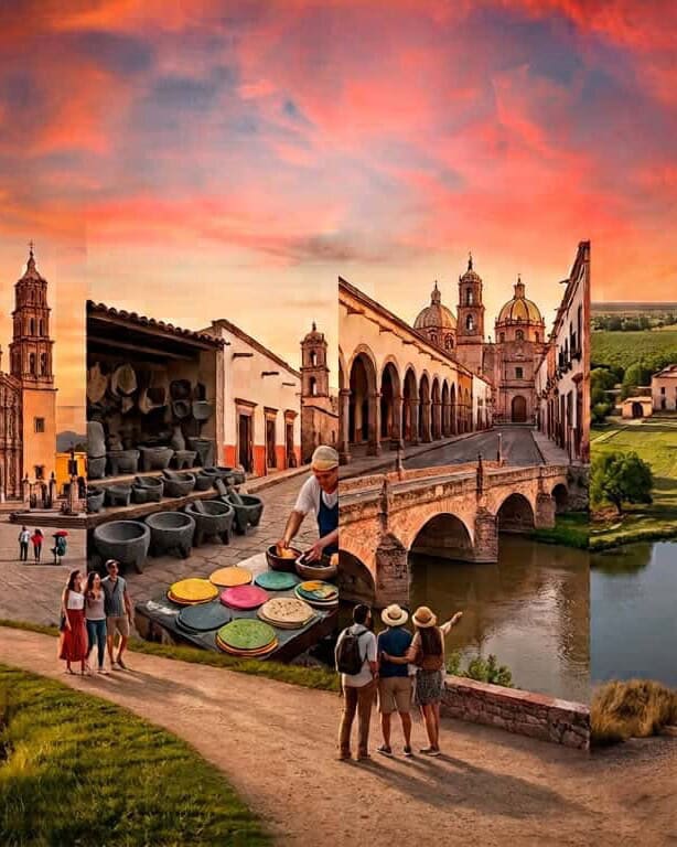 Paisaje de Guanajuato con arquitectura colonial y río al atardecer.