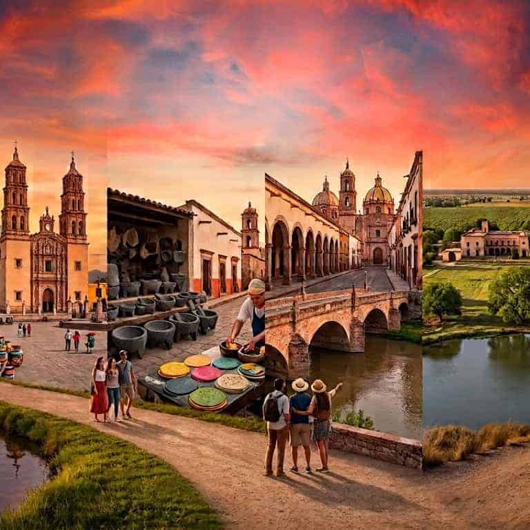Paisaje de Guanajuato con arquitectura colonial y río al atardecer.