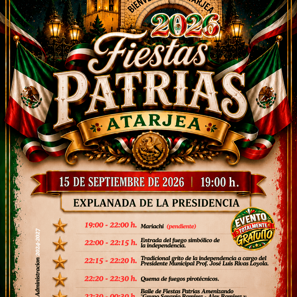 Celebración de las Fiestas Patrias en Atarjea con fuegos artificiales y eventos culturales.