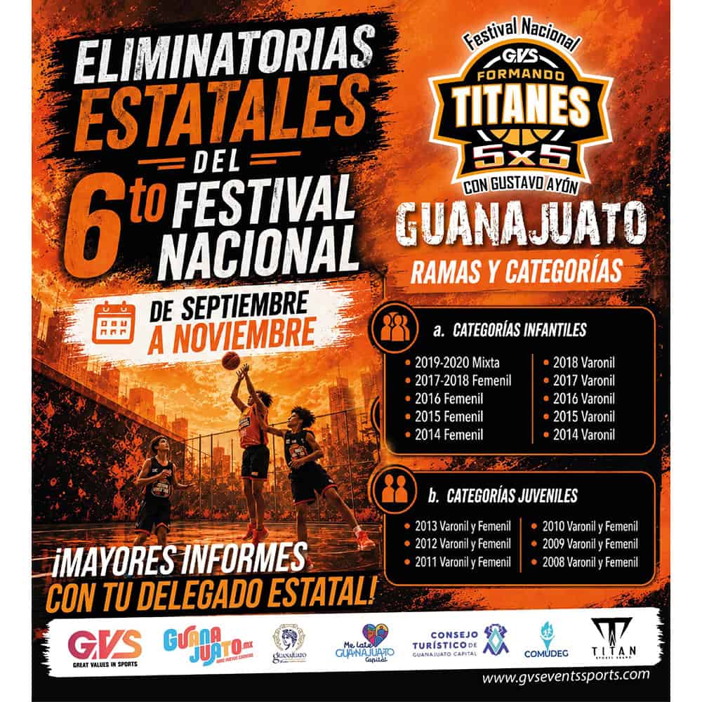 Cartel del torneo de baloncesto 3x3 en Guanajuato, con categorías infantiles y juveniles.