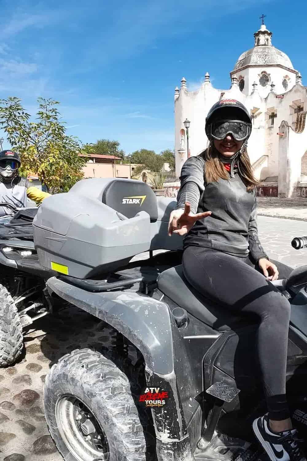 ATV travelers in front of the Atotonilco Sanctuary.