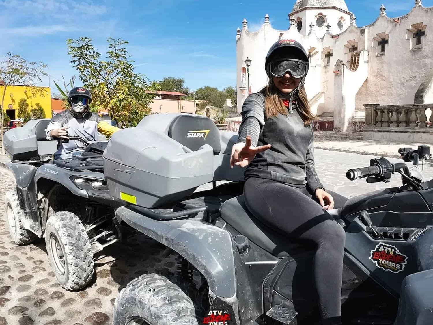 ATV travelers in front of the Atotonilco Sanctuary.