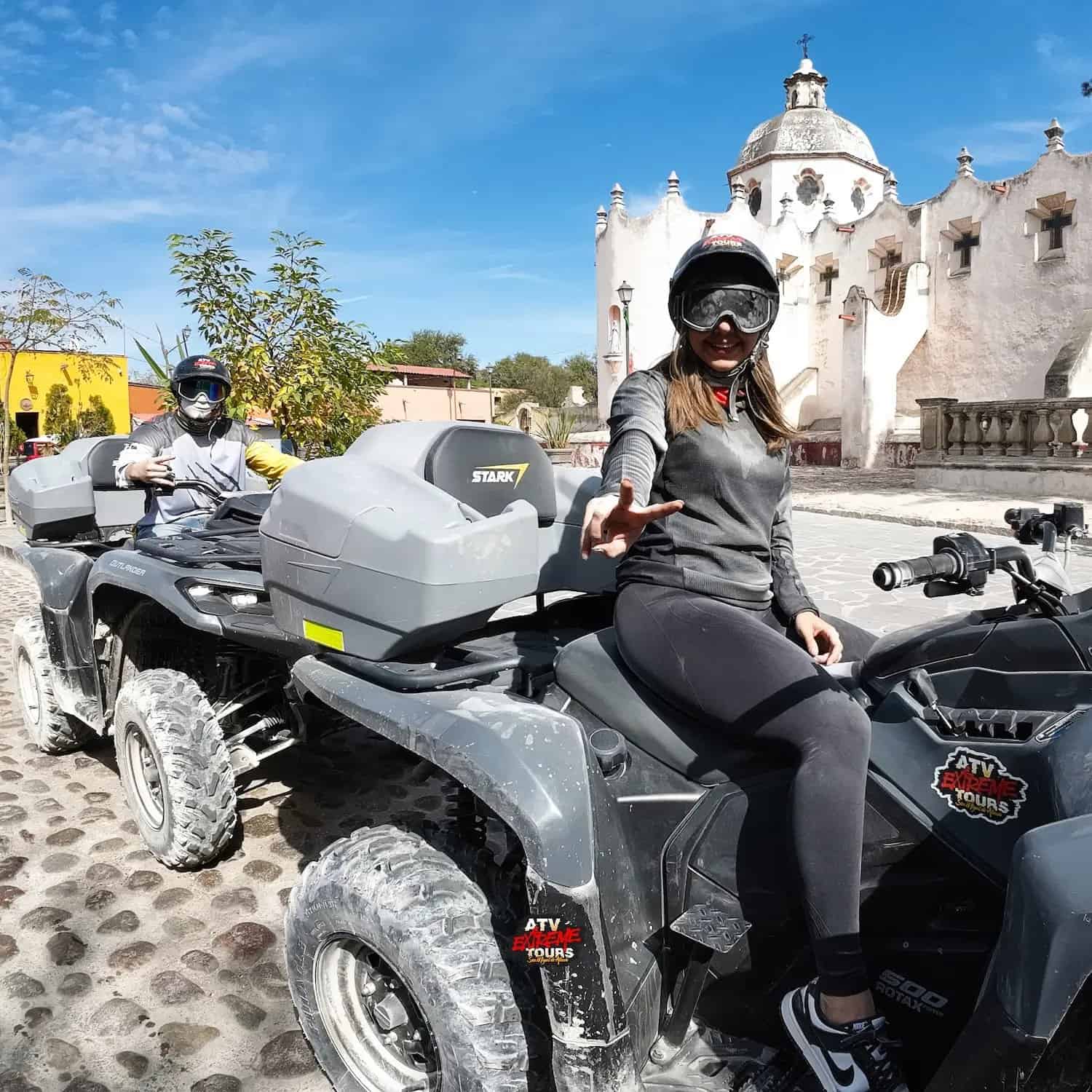ATV travelers in front of the Atotonilco Sanctuary.