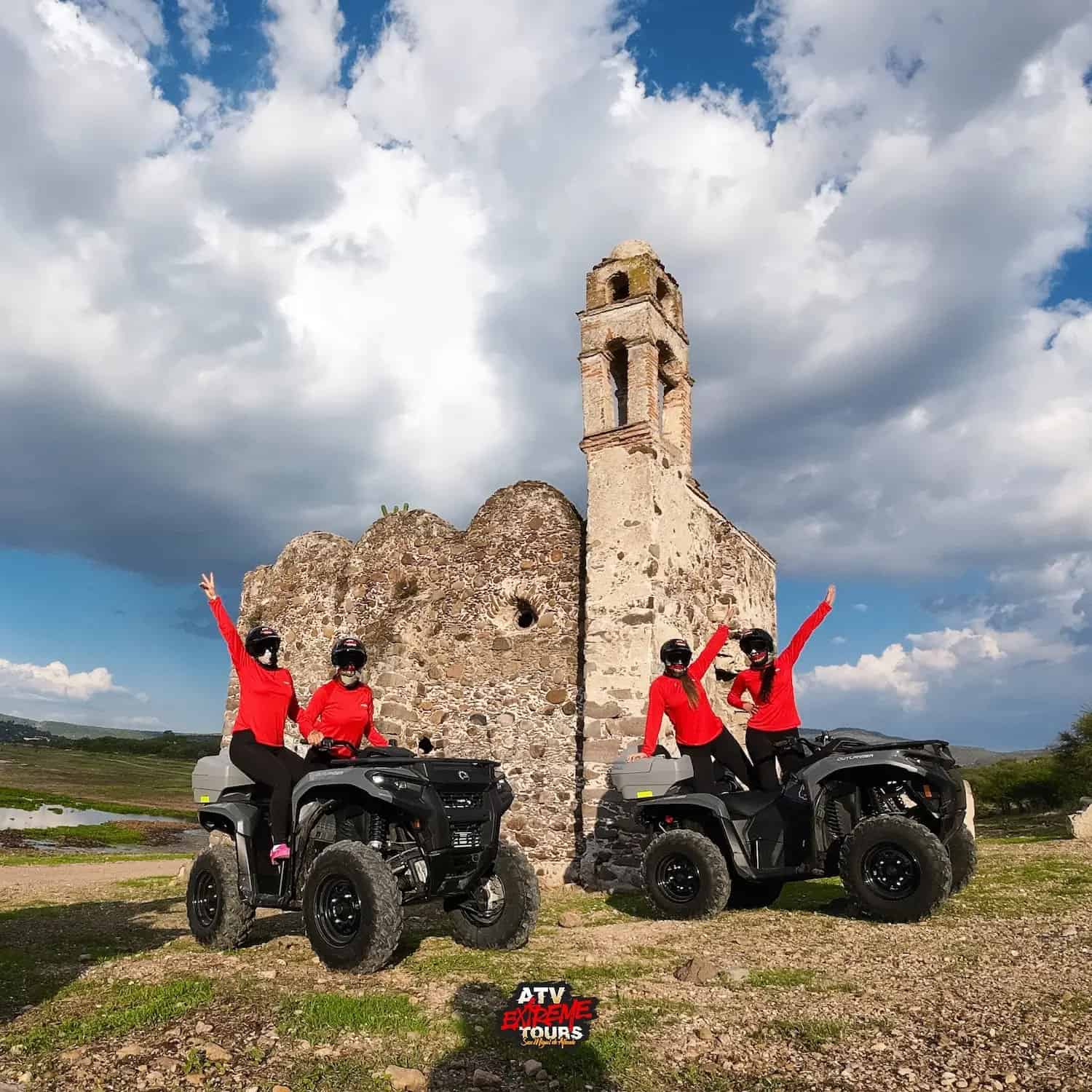 ATV group in front of the ruins of a stone chapel in the outskirts of San Miguel de Allende.