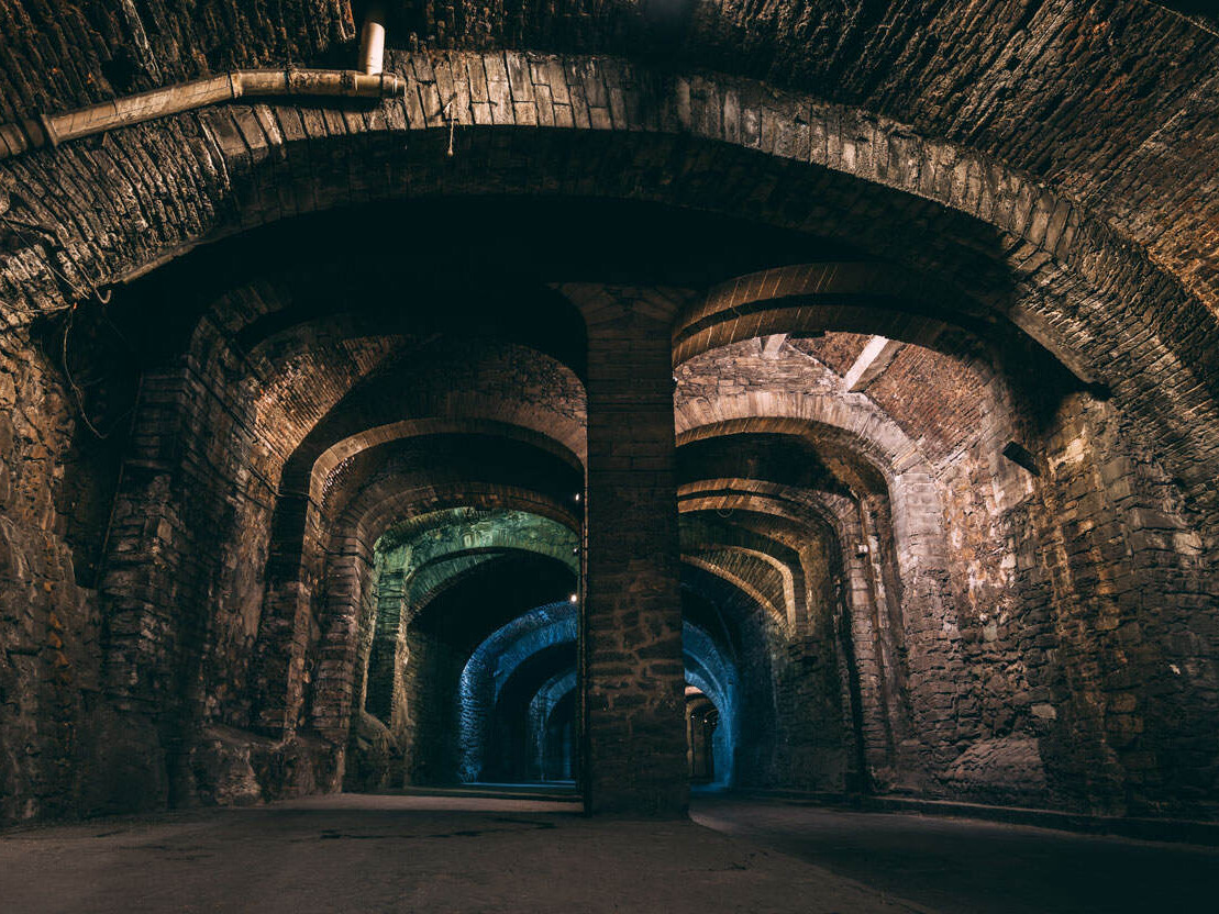 Stone arches of the underground street in Guanajuato.