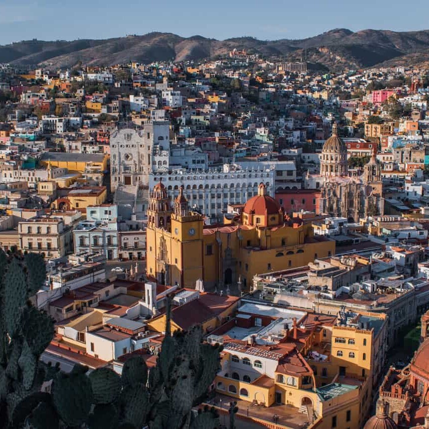 Panoramic view of the city of Guanajuato at sunset.