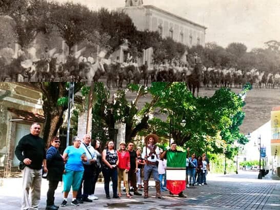 Photomontage: historical photo of Cristero riders over a present-day group of tourists with a guide dressed as a Cristero and a «Viva Cristo Rey» flag.