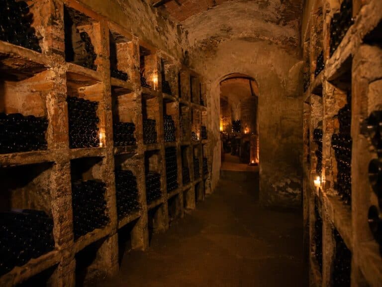 Cava subterránea con botellas de vino iluminada con velas.