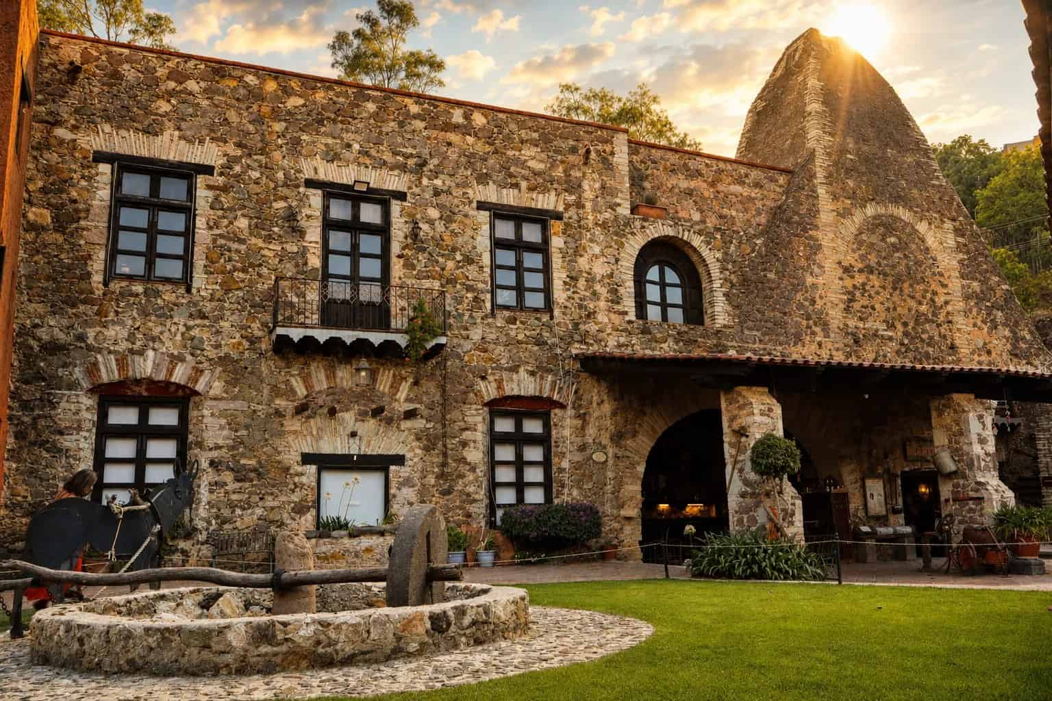 Hacienda de piedra con un horno minero al fondo, al amanecer.
