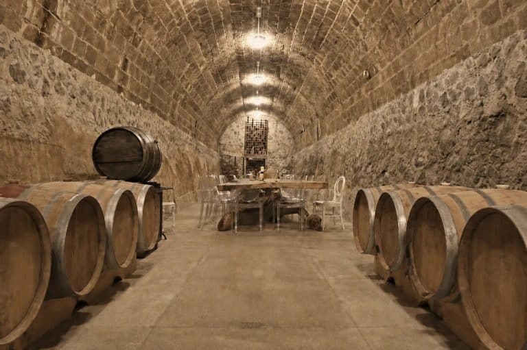 Cava con barricas de roble bajo una bóveda de piedra.