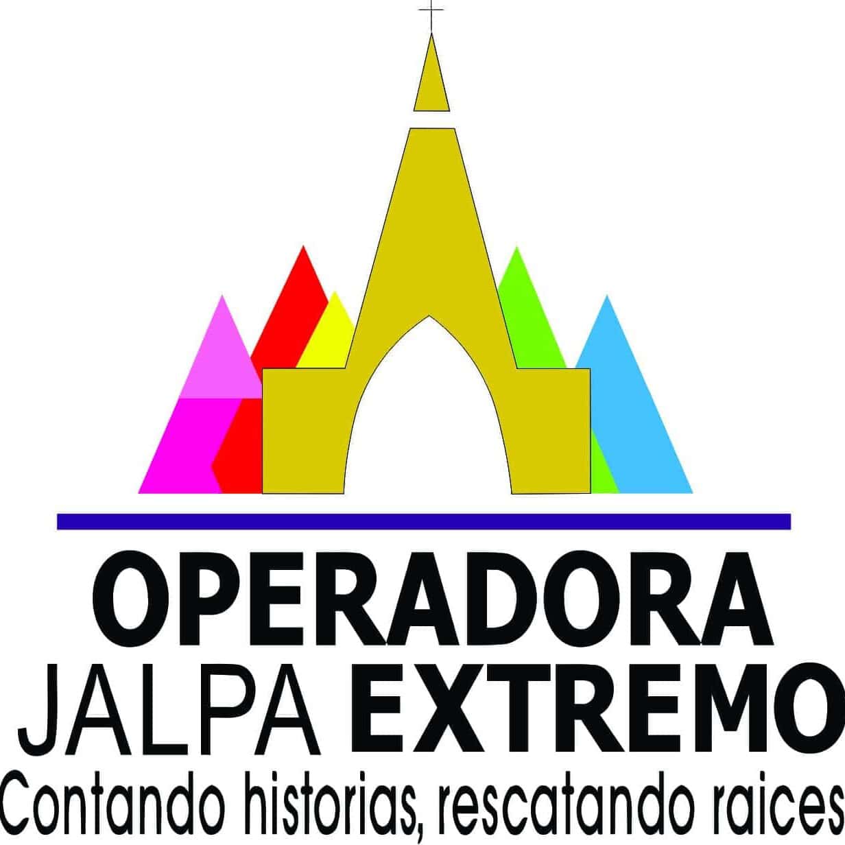 Logotipo de Operadora Jalpa Extremo: silueta dorada de un templo sobre monta&ntilde;as de colores y el lema &laquo;Contando historias, rescatando ra&iacute;ces&raquo;.