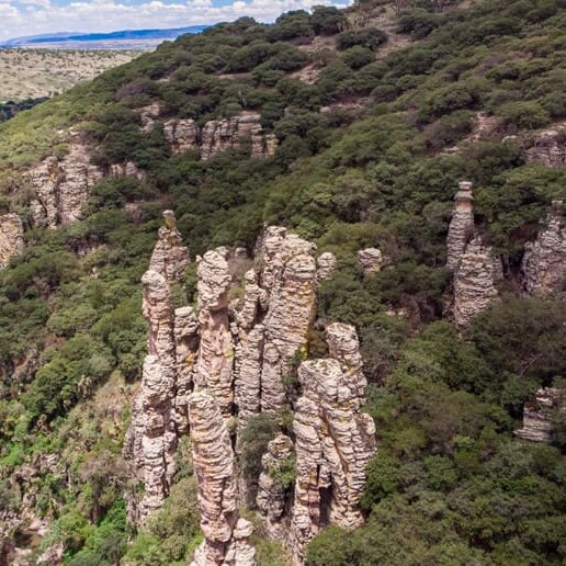 Aerial view of Los Panales rock formations in the Sierra de Lobos, Guanajuato.