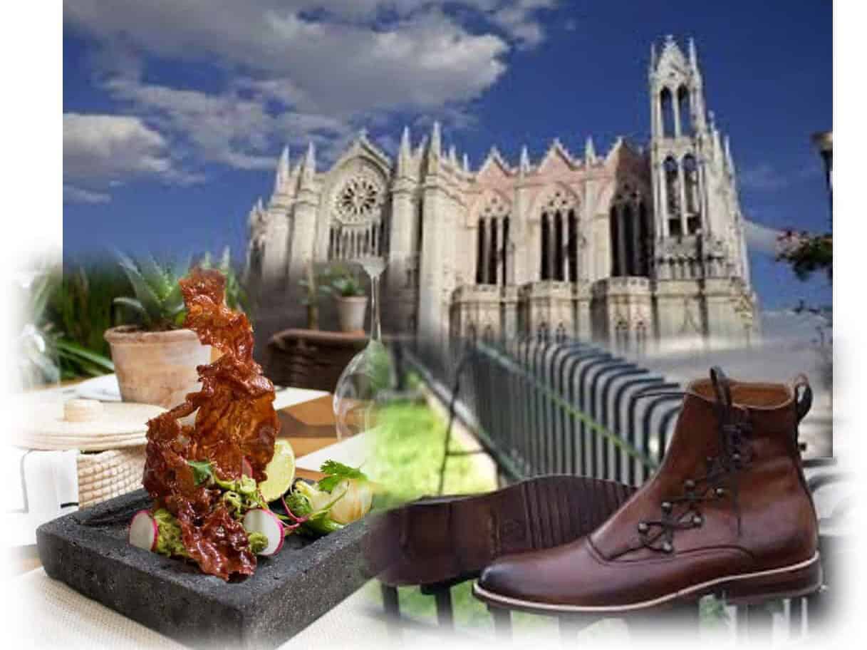 Collage de un platillo típico, el Templo Expiatorio de León y una bota de piel.