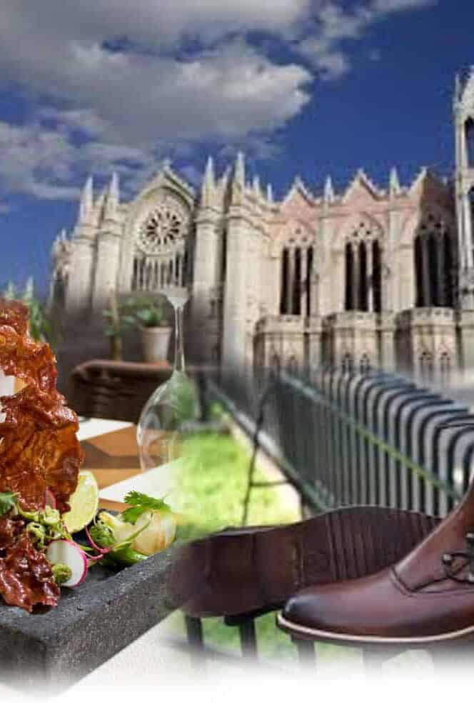 Collage de un platillo típico, el Templo Expiatorio de León y una bota de piel.