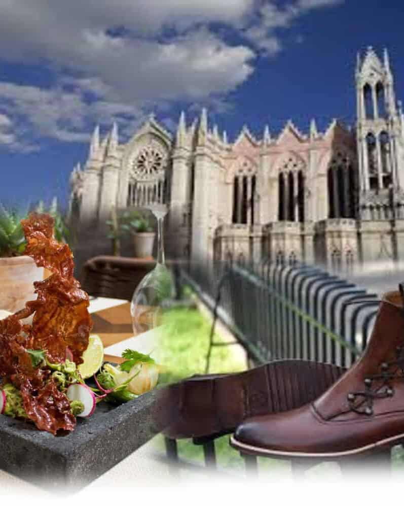 Collage de un platillo típico, el Templo Expiatorio de León y una bota de piel.