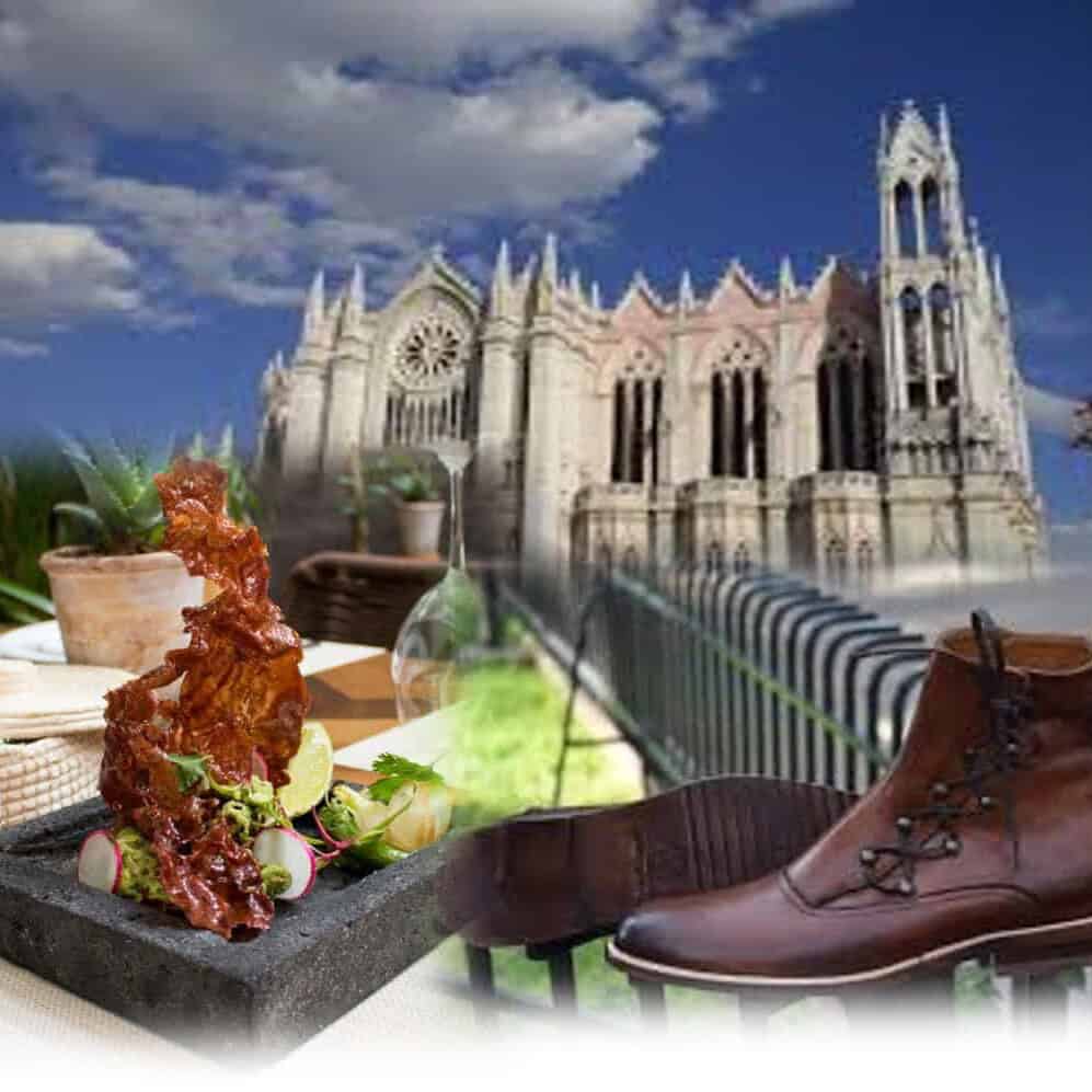 Collage de un platillo t&iacute;pico, el Templo Expiatorio de Le&oacute;n y una bota de piel.