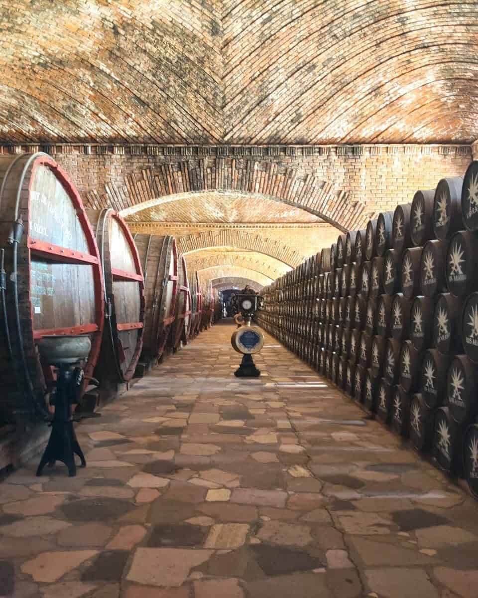 Cava con barricas de tequila bajo bóvedas de ladrillo en la Hacienda Corralejo, Pénjamo, Guanajuato.