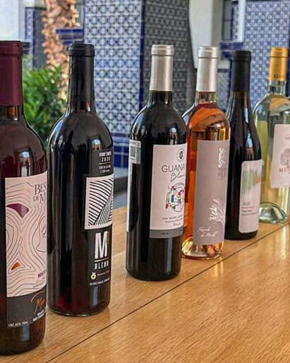 Botellas de vino de Guanajuato en exhibición sobre una barra de madera.