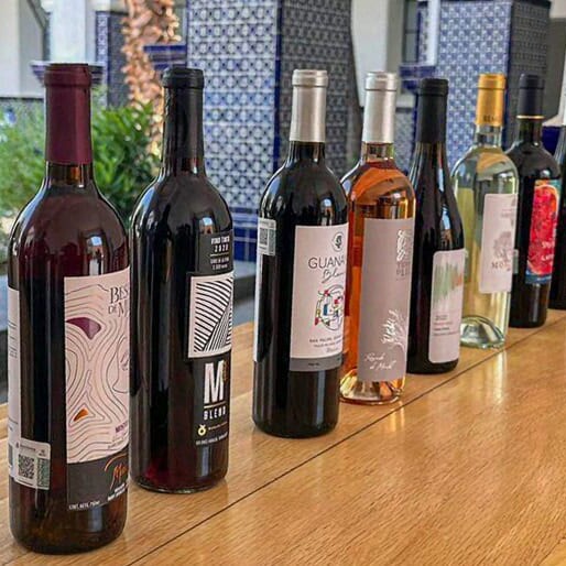 Guanajuato wine bottles on display on a wooden bar.