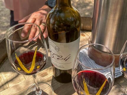 Red wine glasses and bottle during a tasting at a vineyard in Guanajuato.