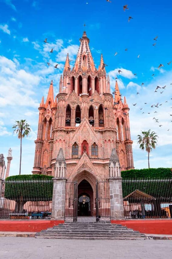 Parish Church of Saint Michael the Archangel at sunset viewed from Aldama Street, San Miguel de Allende.