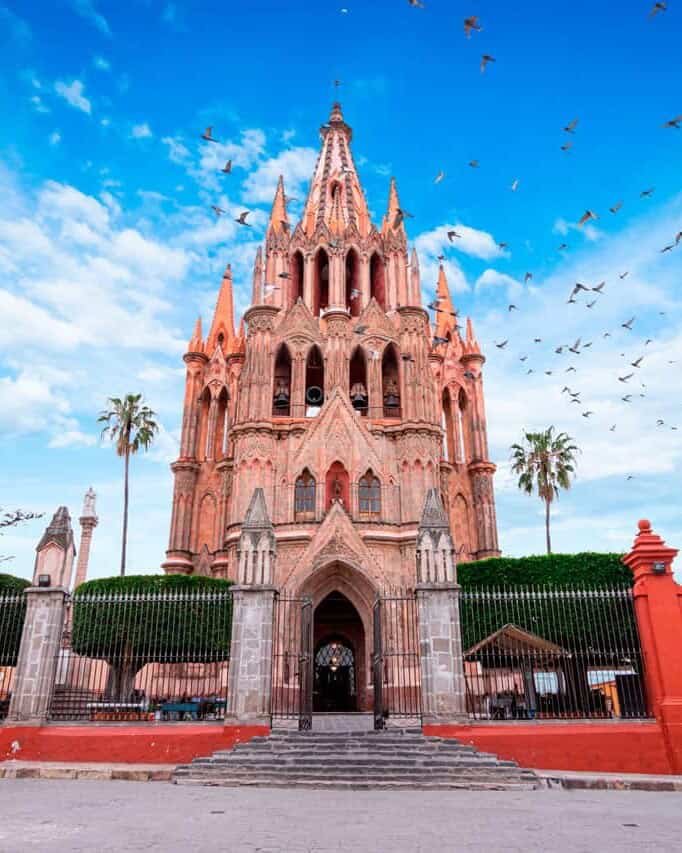 Parish Church of Saint Michael the Archangel at sunset viewed from Aldama Street, San Miguel de Allende.