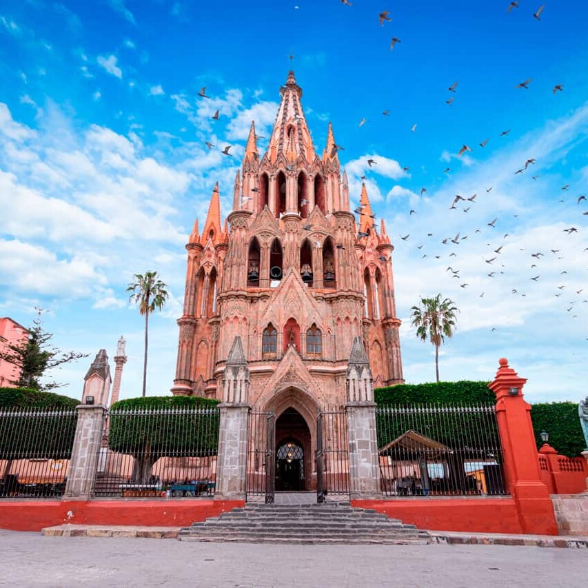 Parish Church of Saint Michael the Archangel at sunset viewed from Aldama Street, San Miguel de Allende.