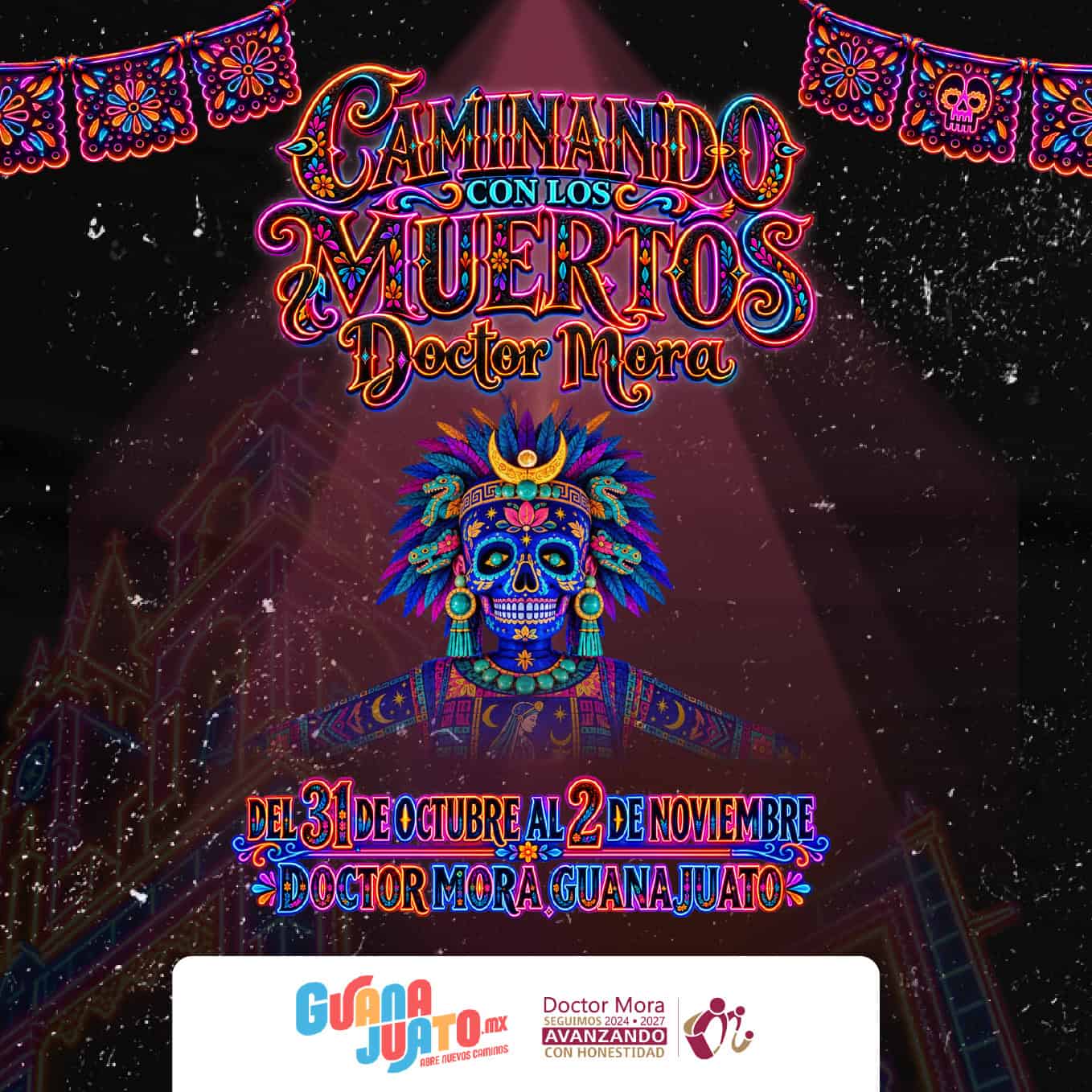 Cartel de festival de D&iacute;a de Muertos en Guanajuato con calavera y colores vibrantes.