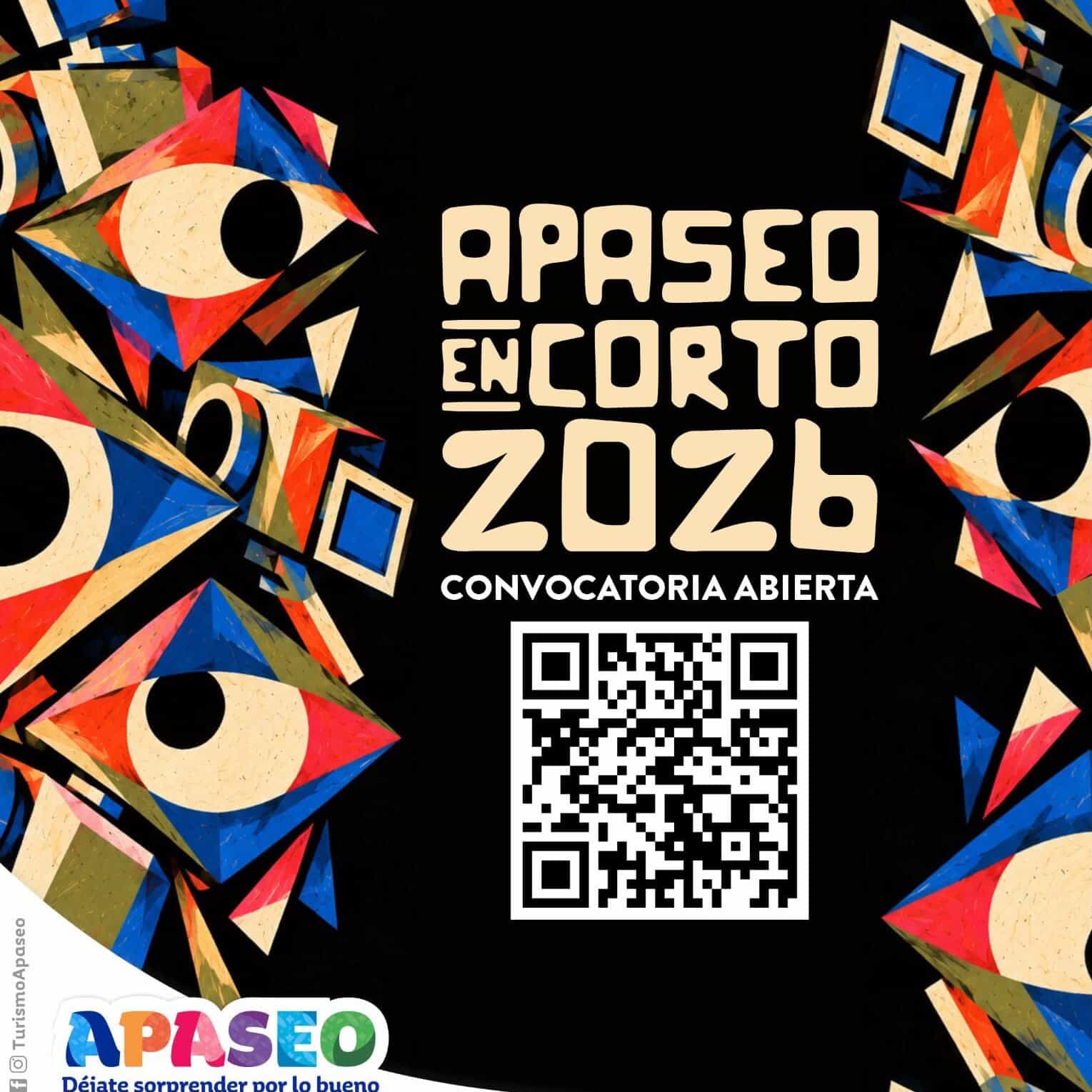Cartel del evento Apaseo en corto 2026 con arte colorido y código QR.