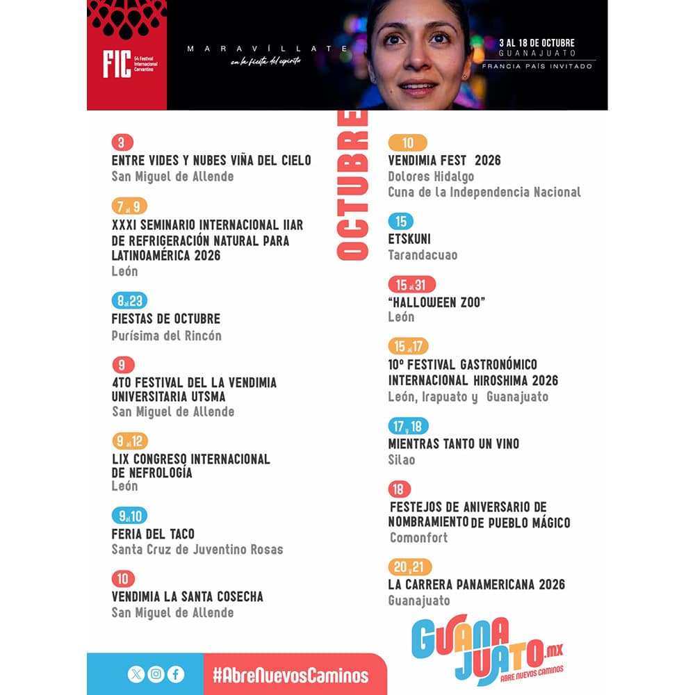 Cartel de eventos culturales y festivales en Guanajuato, México.