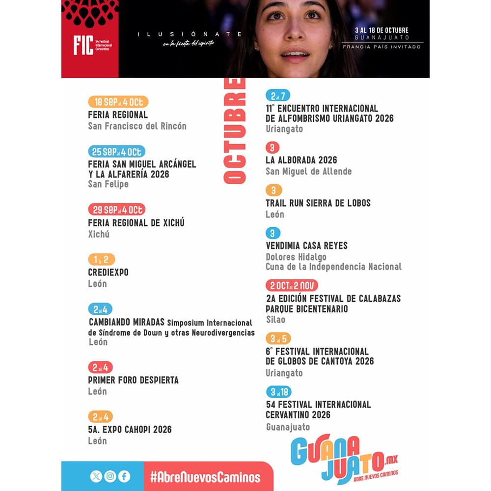 Eventos de turismo en Guanajuato y alrededores en octubre 2026.