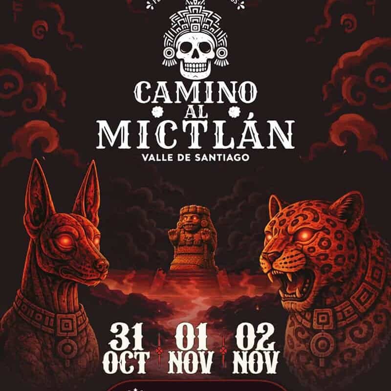 Cartel del festival 'Camino al Mictlán' en Valle de Santiago con símbolos tradicionales.