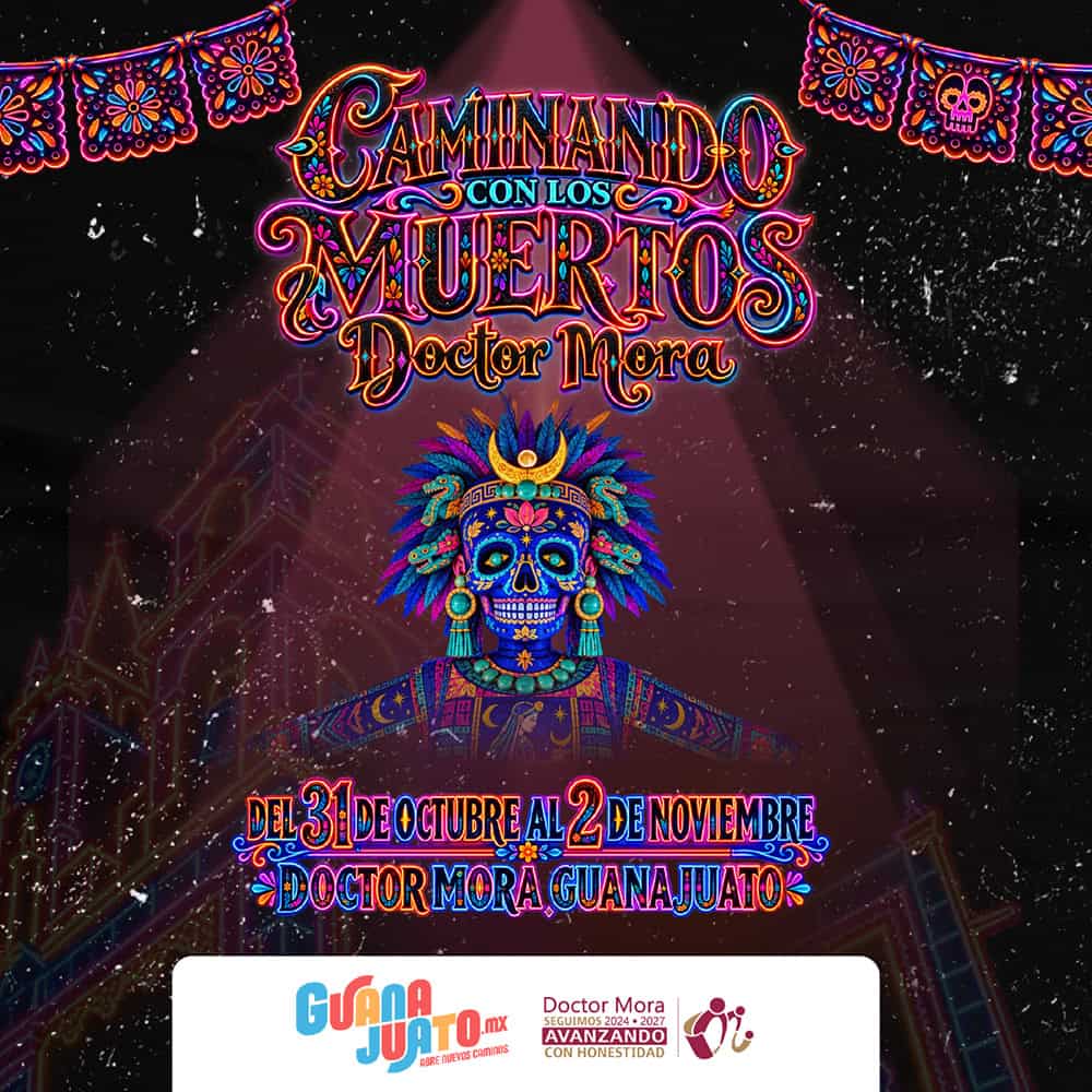 Cartel de festival de Día de Muertos en Guanajuato con calavera y colores vibrantes.