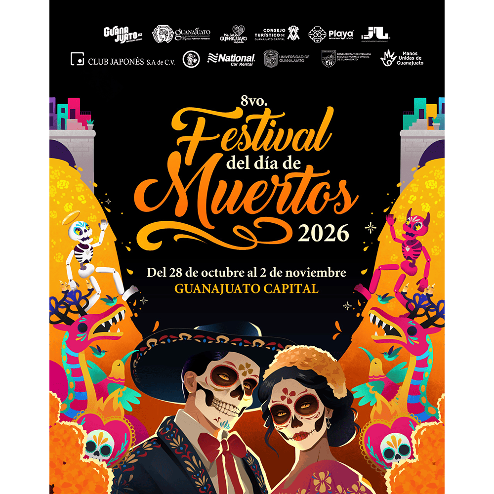 Cartel del 8° Festival del Día de Muertos en Guanajuato 2026 con calaveras y decoraciones coloridas.