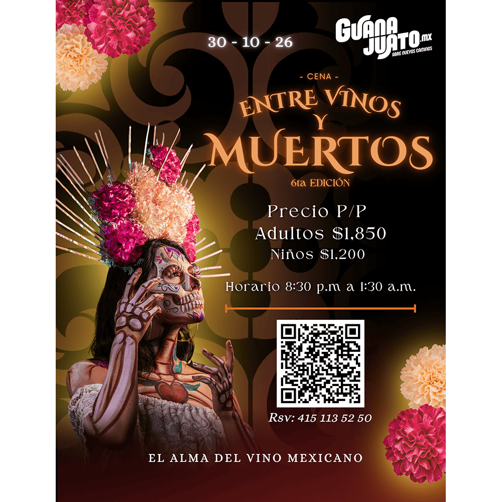 Cartel de la 6ª Edición de la Cena 'Entre Vinos y Muertos' en Vinícola Tres Raíces en Guanajuato.