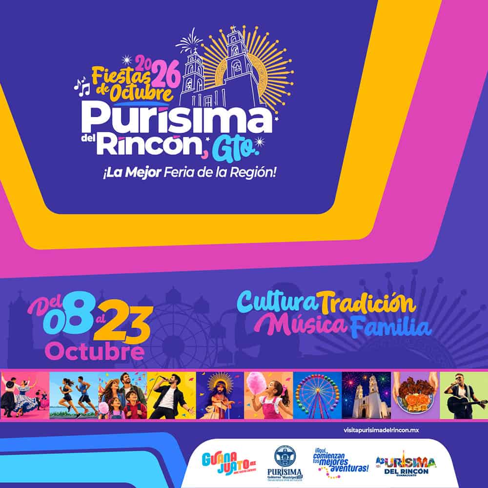 Cartel de la Feria de Turismo en Purisima del Rincón, Guanajuato, con colores vibrantes y eventos.